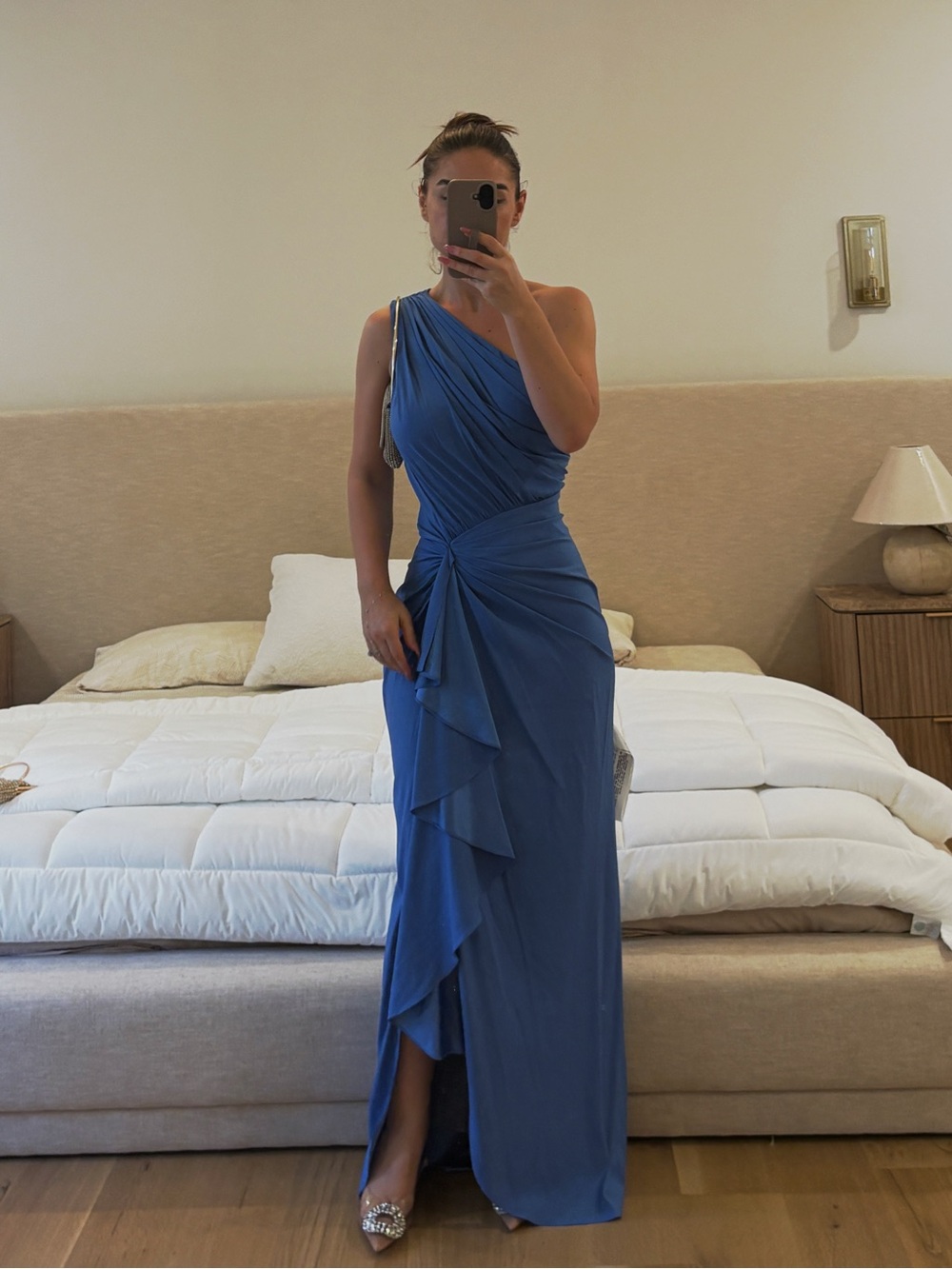Tadashi Shoji One-Shoulder Royal Blue Draped Gown
